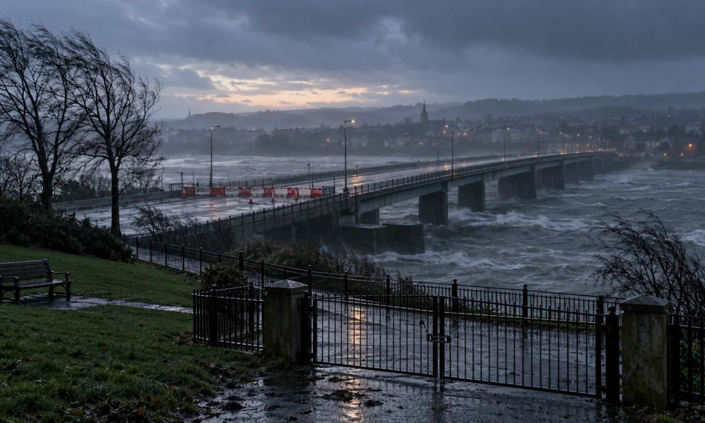 Sztorm „Boelo” w Irlandii Północnej – porywy ponad 113 km/h, zamknięty most Foyle w Derry, przełożone mecze i odwołane pokazy fajerwerków