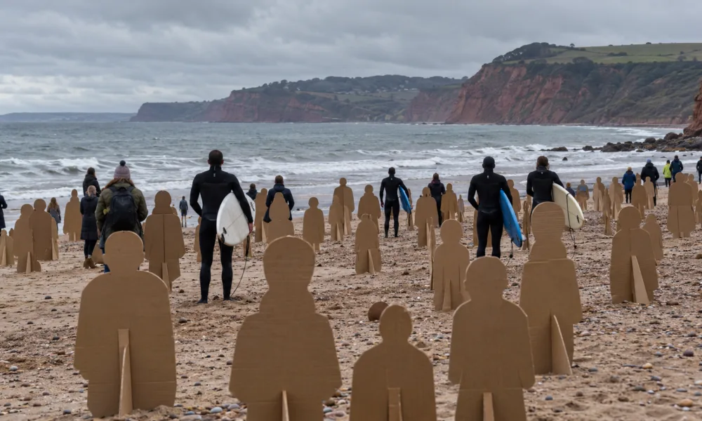 111 kartonowych „kup” na plaży w Exmouth – protest przeciw ściekom w morzu i apel do posłów o ustawę o czystej wodzie