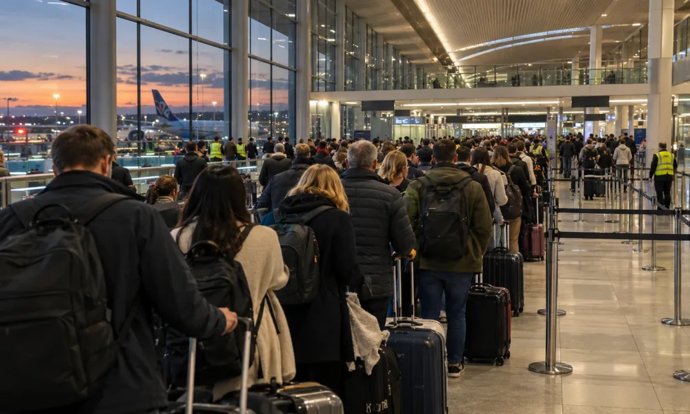 Skok napięcia sparaliżował systemy lotniska Stansted – pasażerowie ponad 90 minut w korytarzu, długie kolejki do kontroli paszportowej